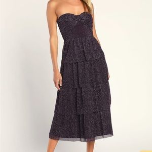 Tier to Dance Purple Shiny Lurex Tiered Strapless Midi Dress